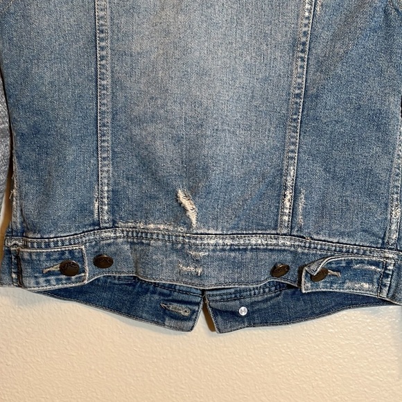 Free People Distressed Denim Knit Sleeves Jean Jacket - Picture 14 of 16